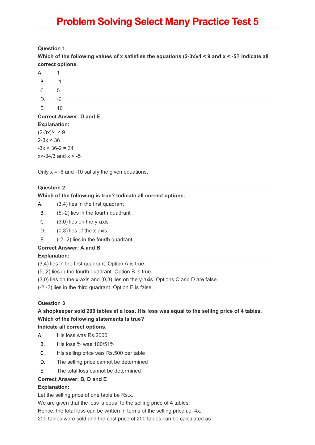 Problem Solving Select Many Practice Test 5
