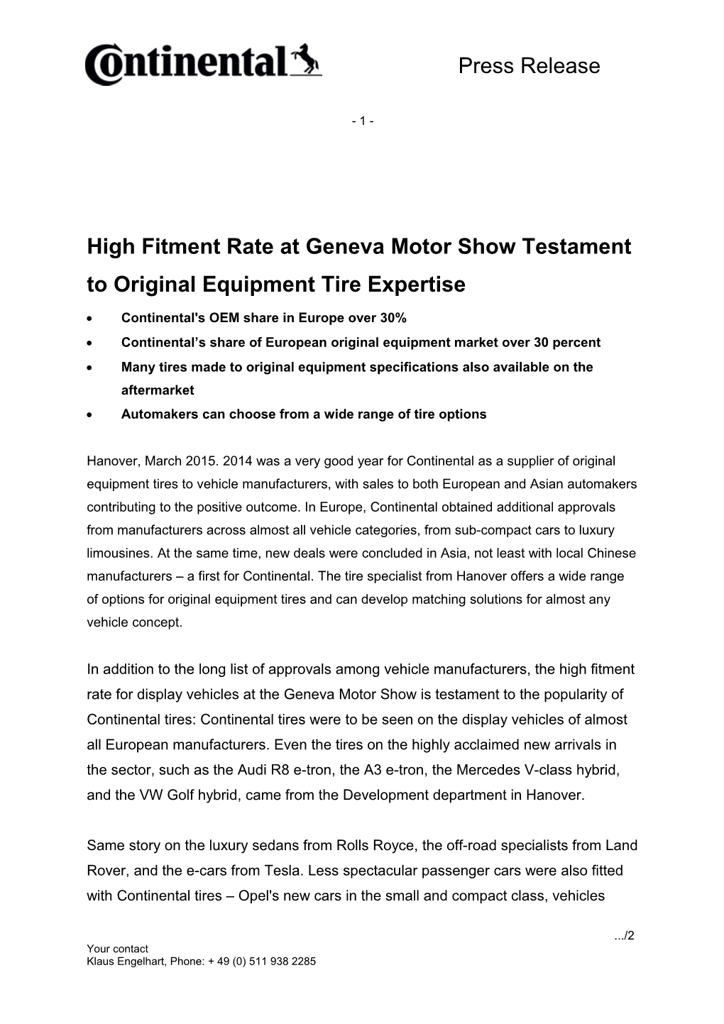 High Fitment Rate at Geneva Motor Show Testament to Original Equipment Tire Expertise
