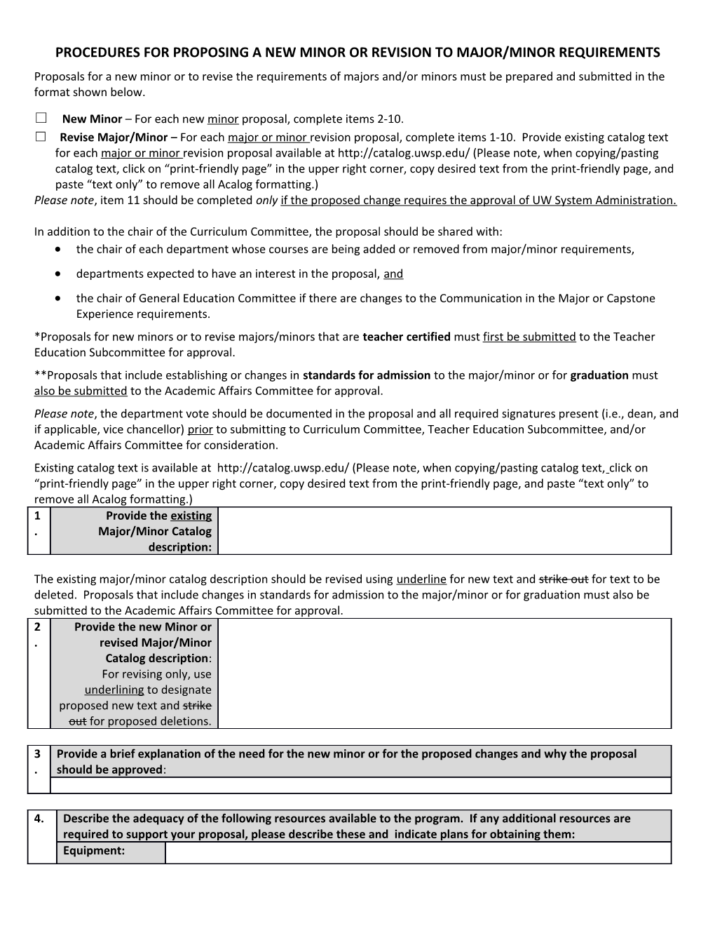 Procedures for Proposing a New Minor Or Revision to Major/Minor Requirements