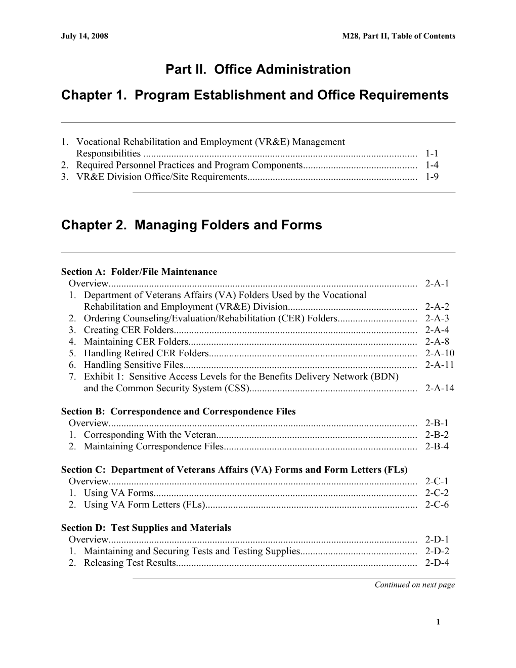 M28, Part 2, Table of Contents