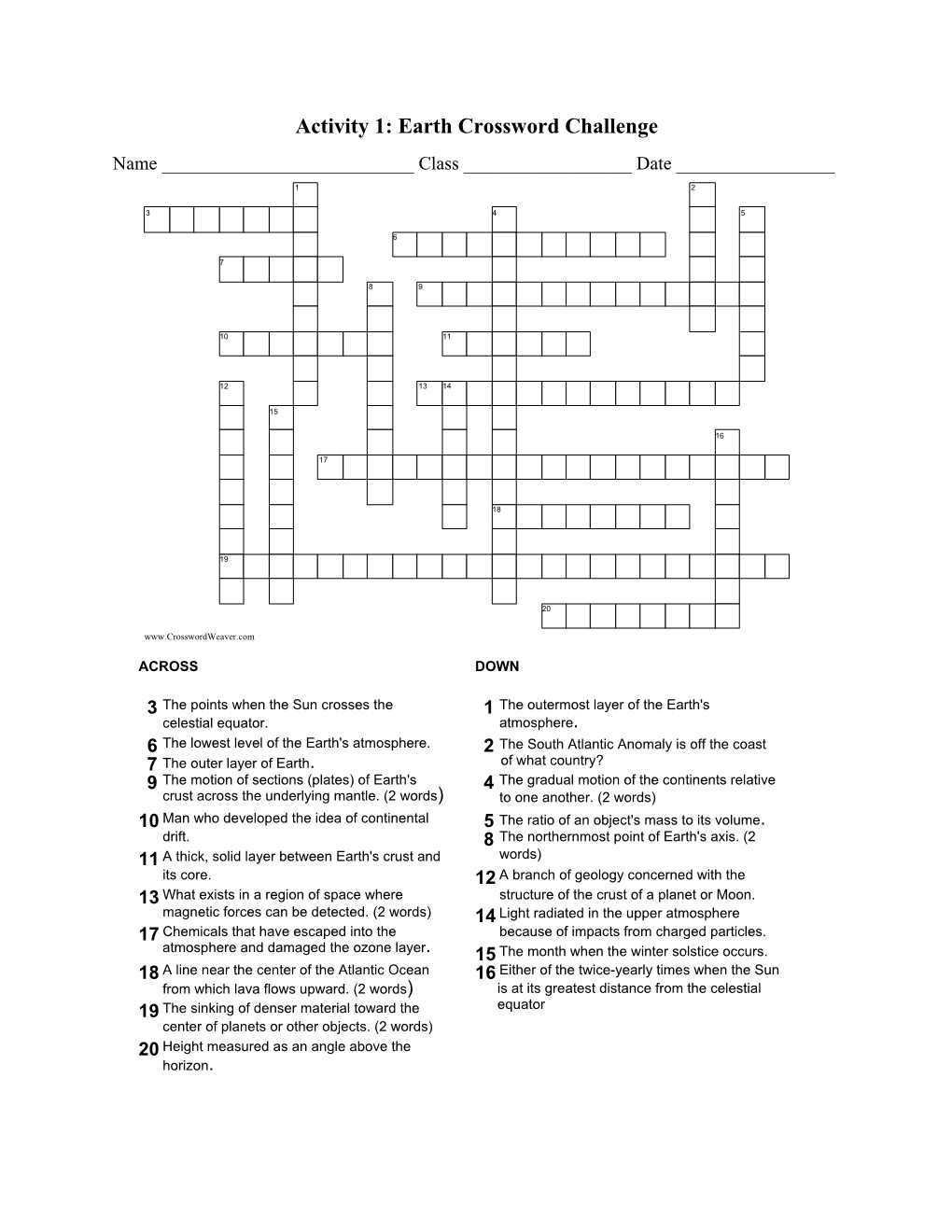 Activity 1: Earth Crossword Challenge