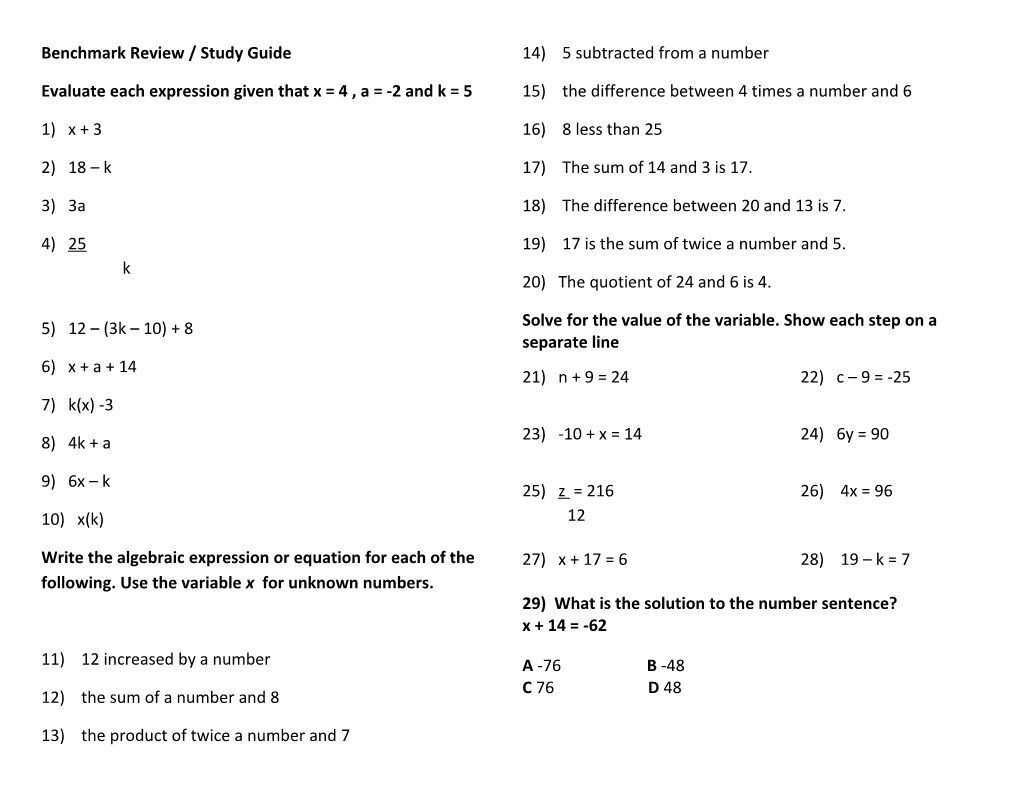 Benchmark Review / Study Guide