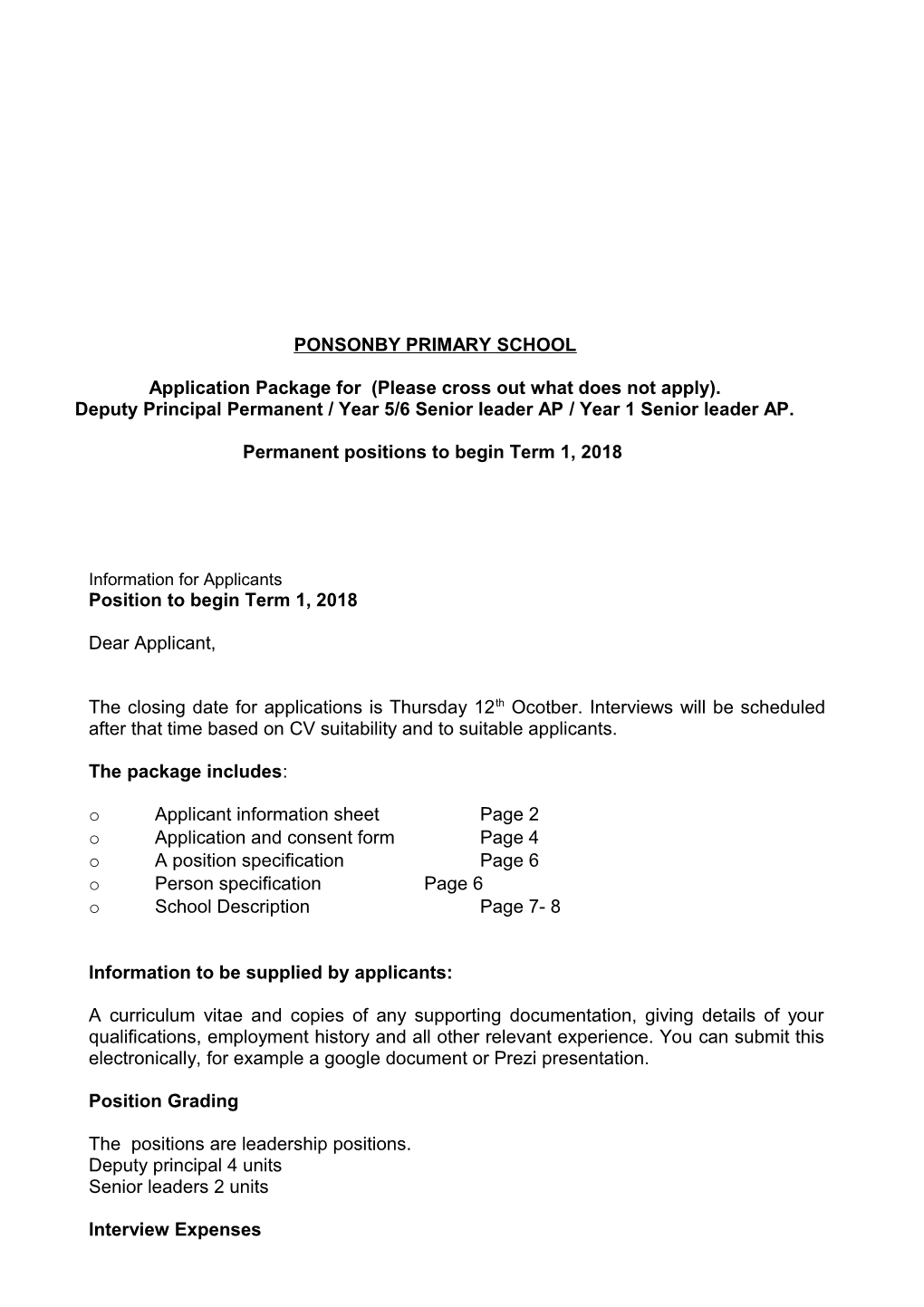 Ponsonby Primary School Fixed Term Scale a Year 3 Position - Application Package for 2017