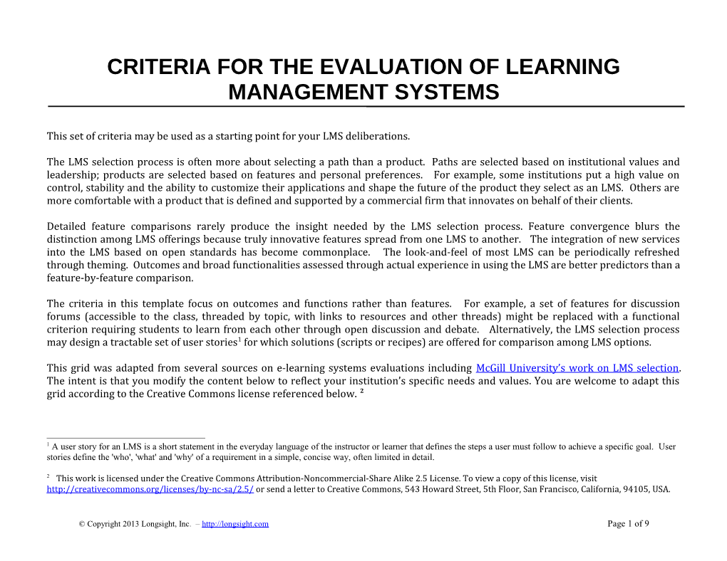 Criteria for the Evaluation of Learning Management Systems