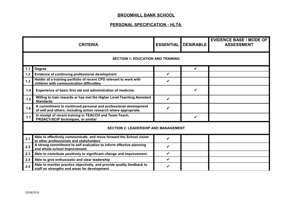 Personal Specification - Headteacher of Broomhill Bank School