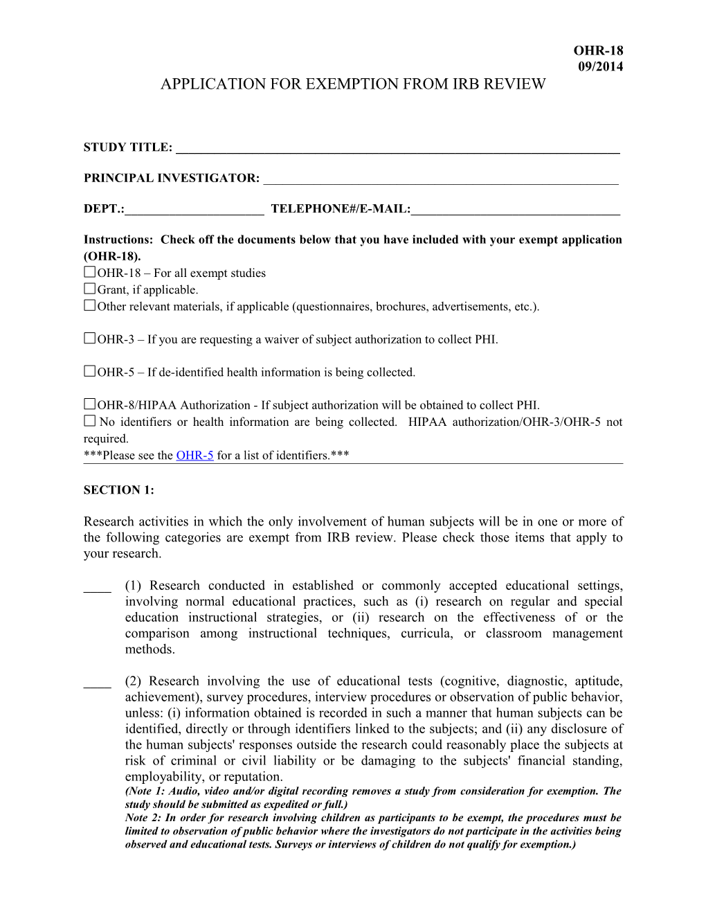 Application for Exemption from Irb Review