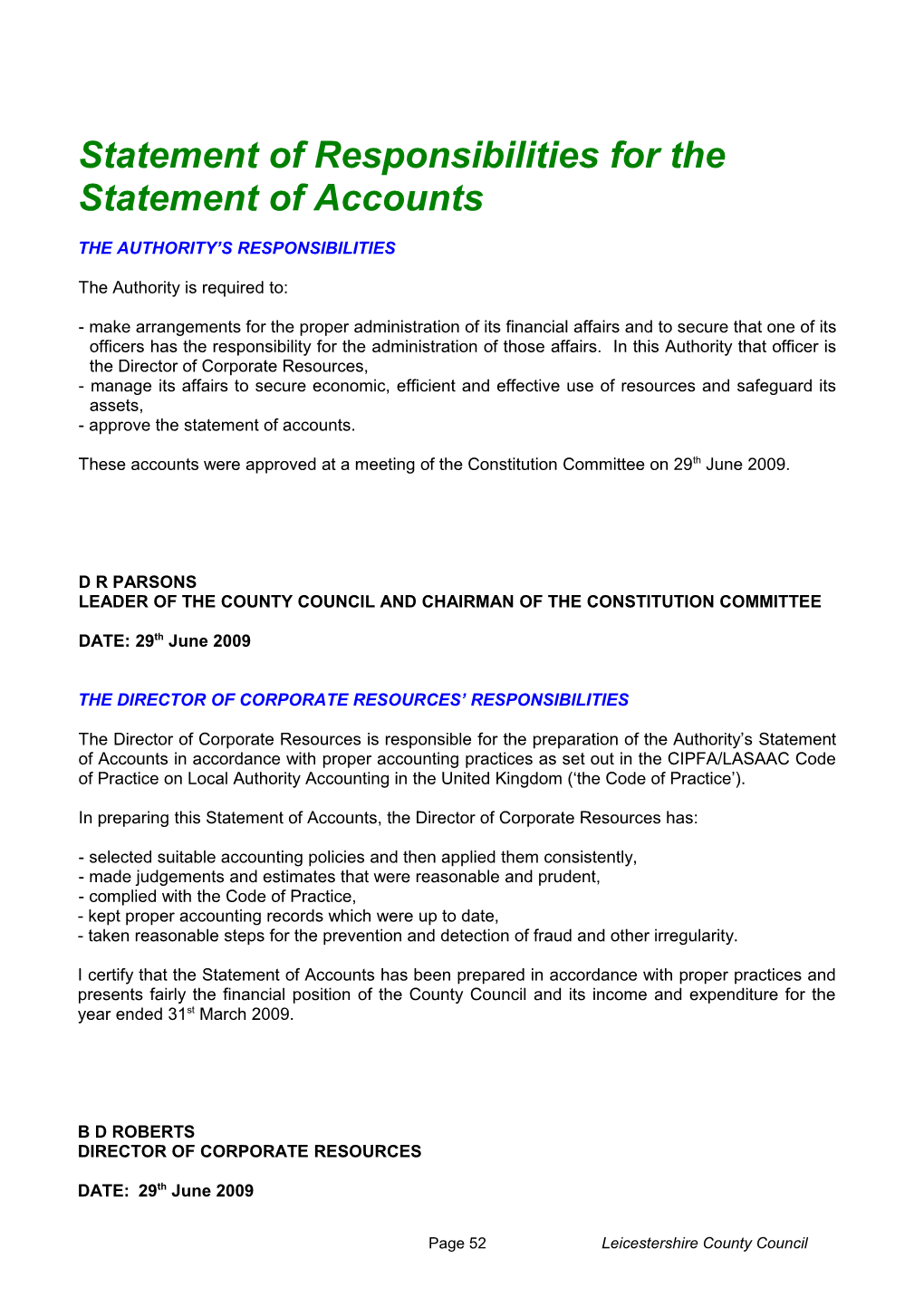 Statement of Responsibilities for the Statement of Accounts