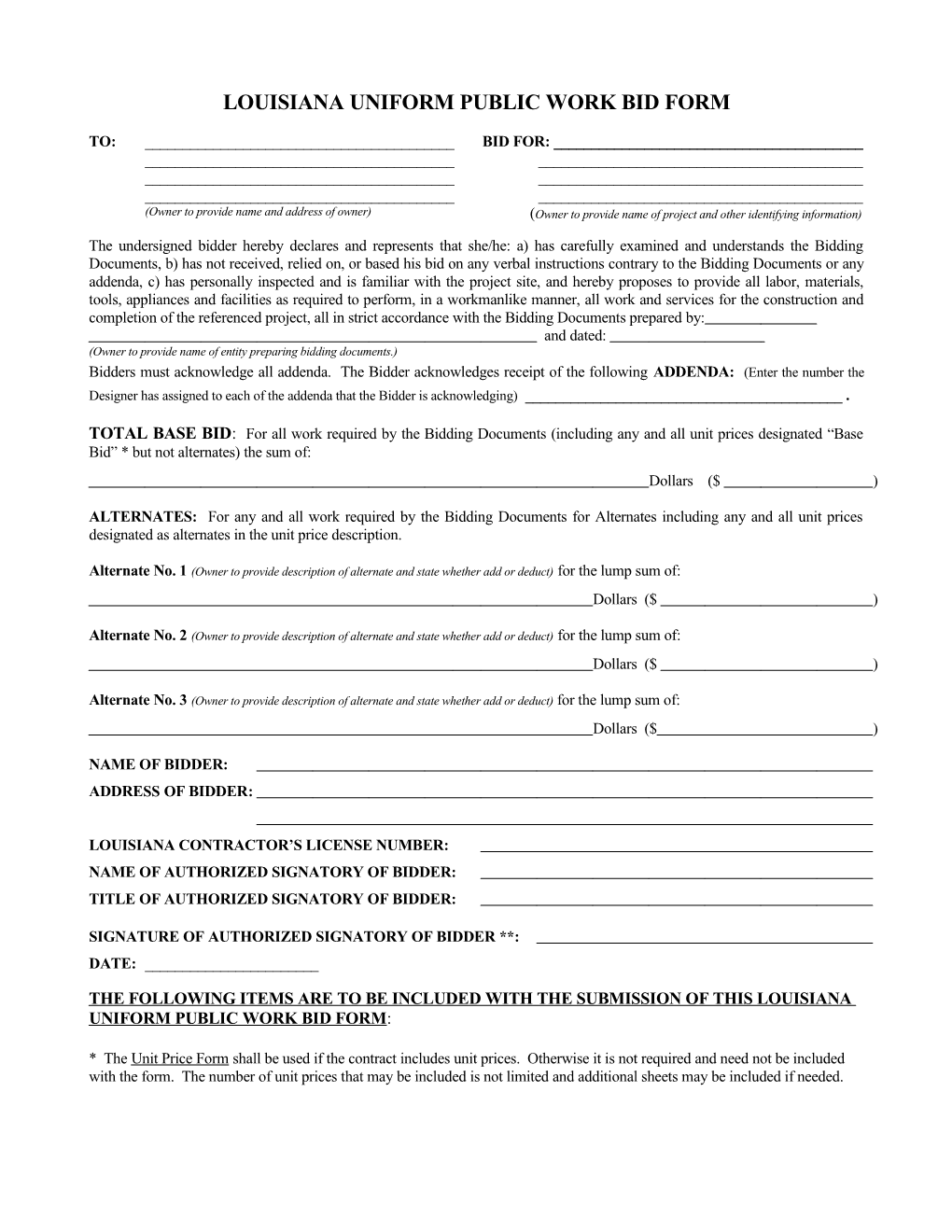 Louisiana Uniform Public Work Bid Form