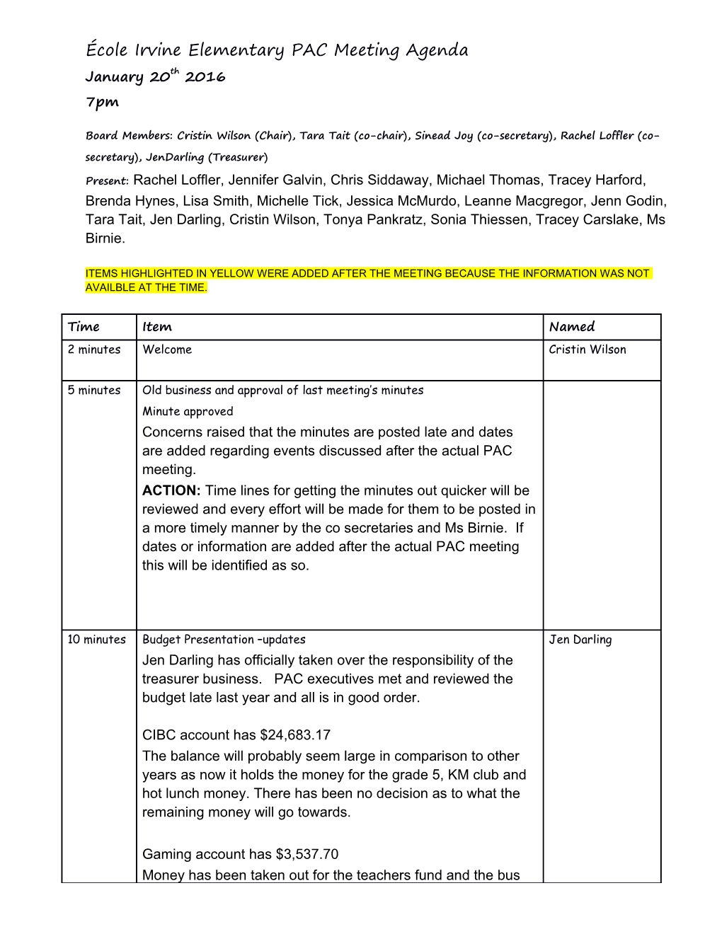 École Irvine Elementary PAC Meeting Agenda s2