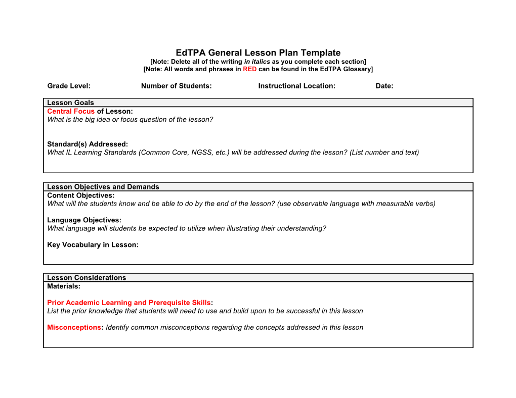 Edtpa General Lesson Plan Template