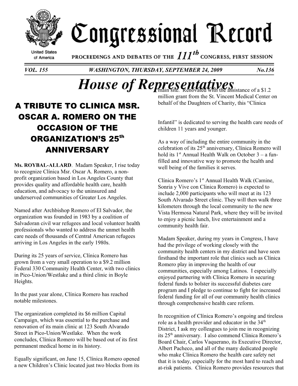 A TRIBUTE to CLINICA MSR. OSCAR A. ROMERO on the OCCASION of the ORGANIZATION S 25Th