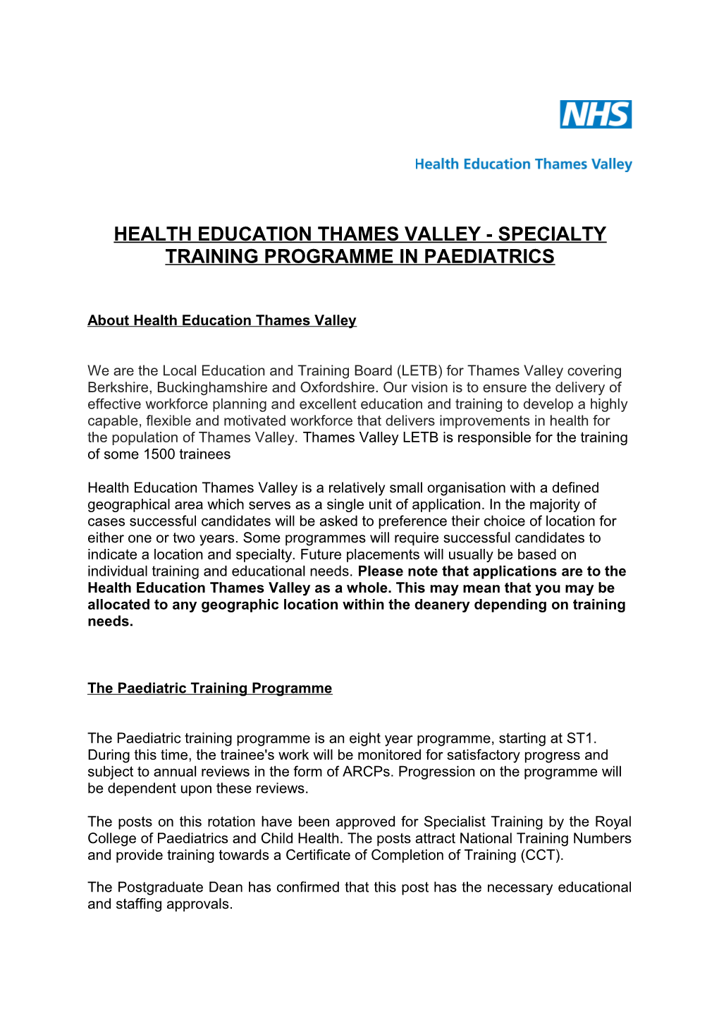 Oxford Deanery Specialty Training Programme in Paediatrics
