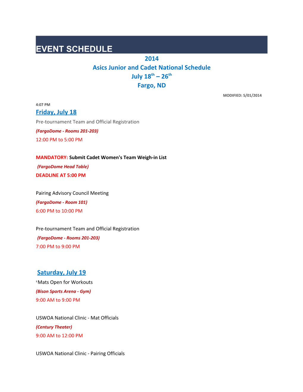 Asics Junior and Cadet National Schedule