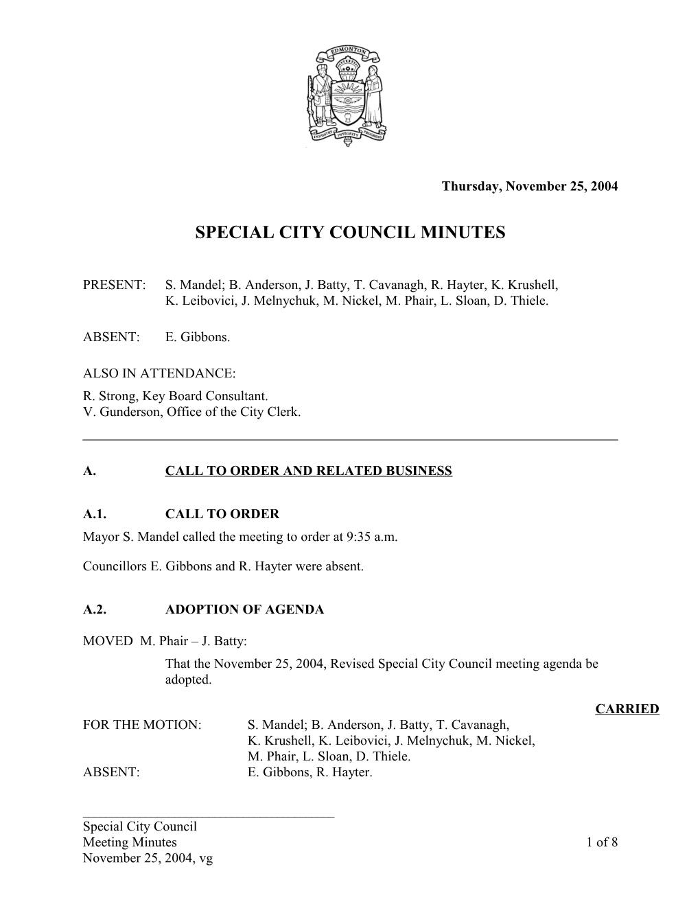Minutes for City Council November 25, 2004 Meeting