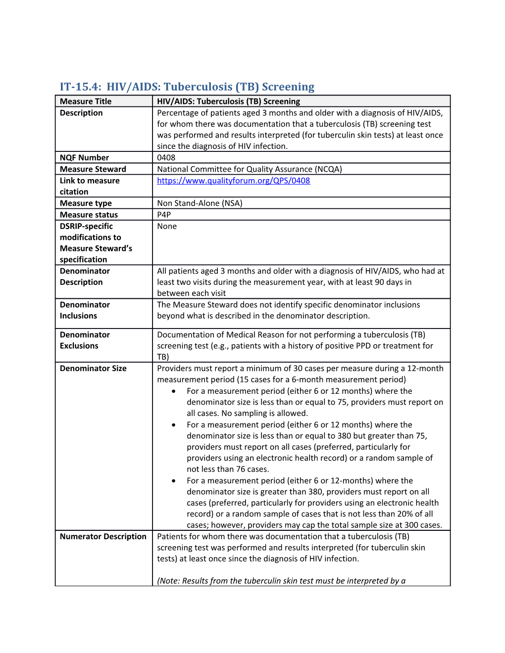 IT-15.4: HIV/AIDS: Tuberculosis (TB) Screening