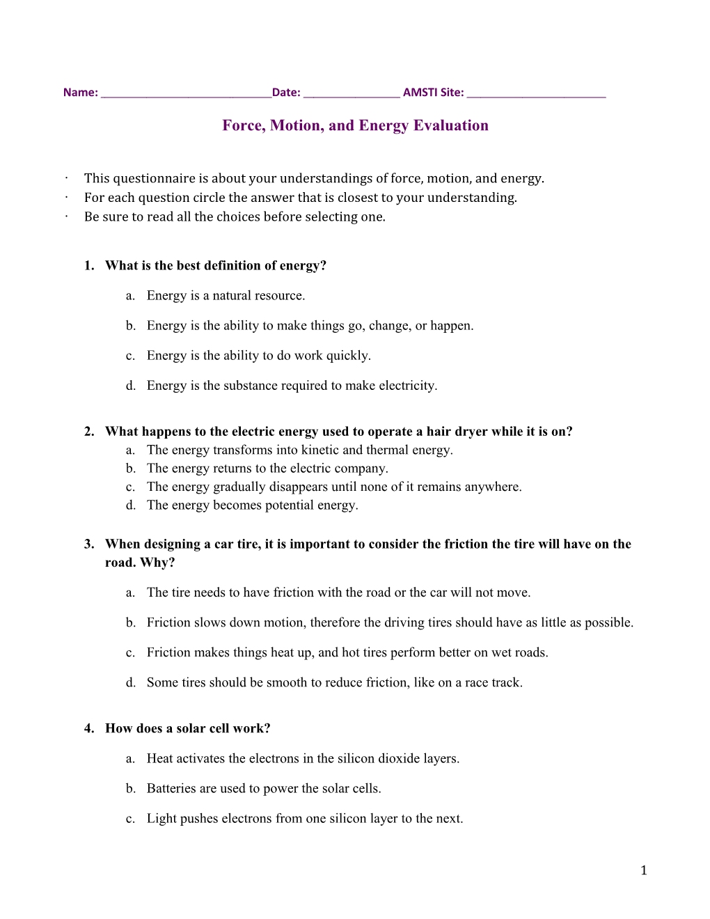 Force, Motion, and Energy Evaluation