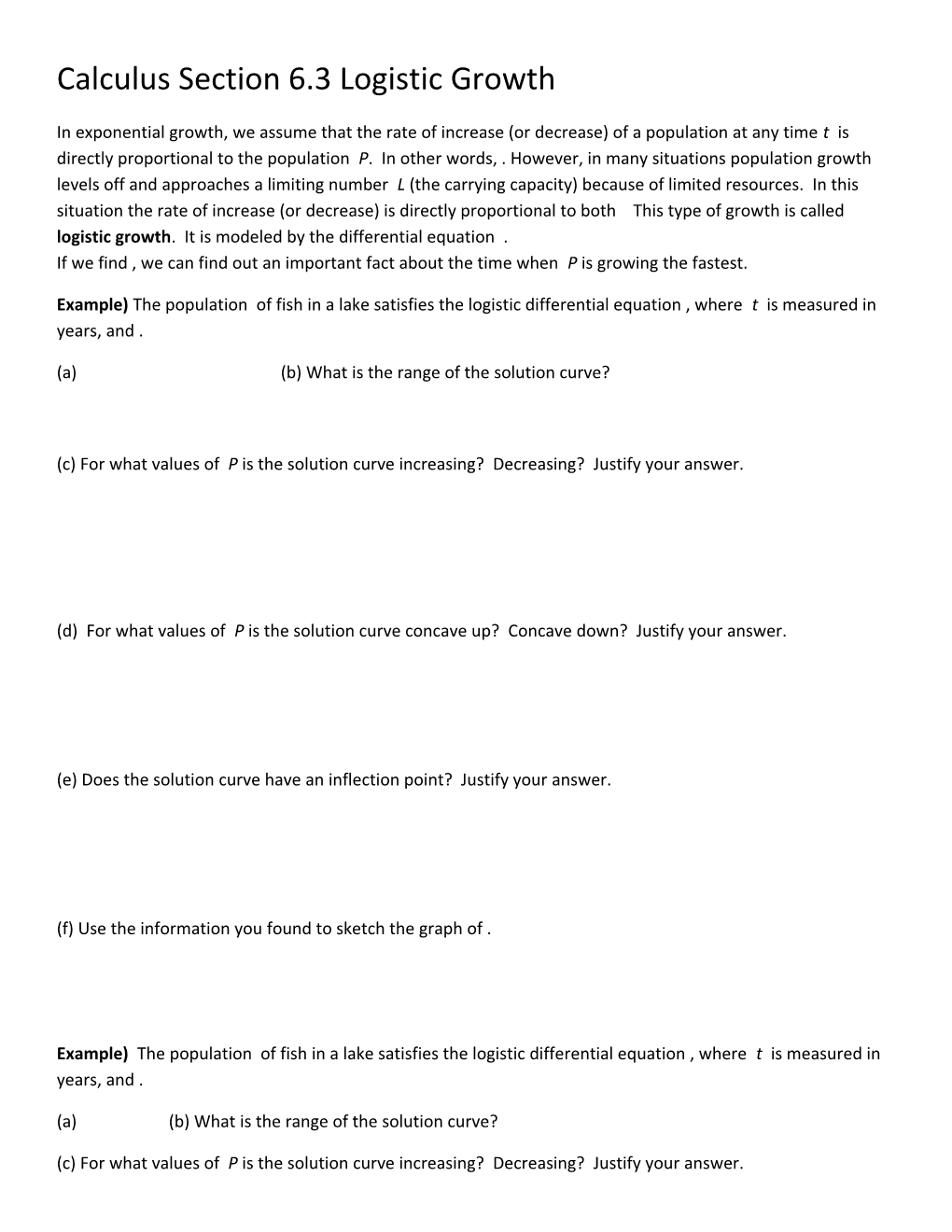 Calculus Section 6.3 Logistic Growth