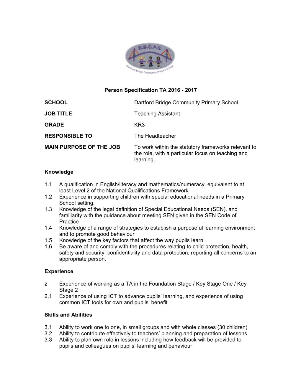 Higher Level Teaching Assistant - Person Specification