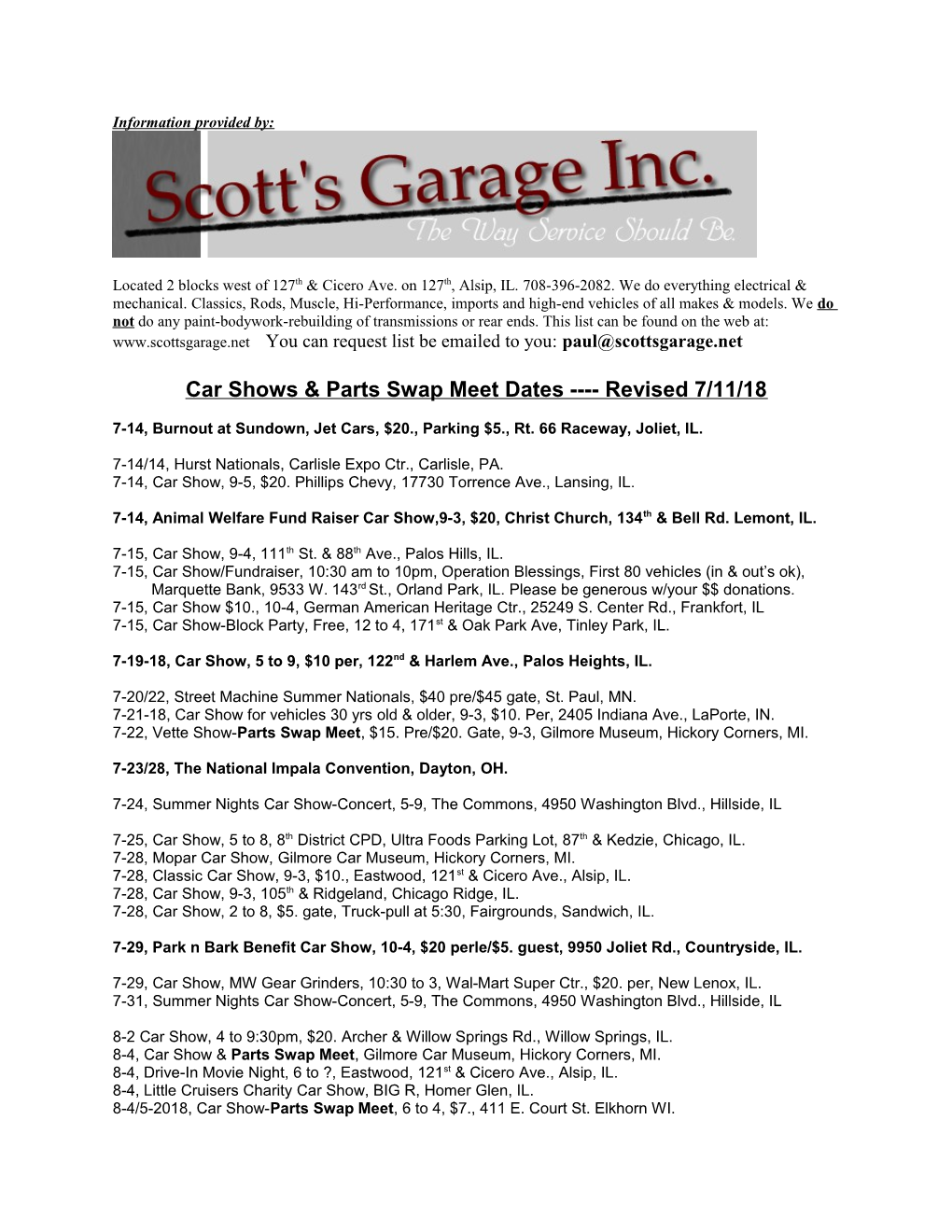 Car Shows & Parts Swap Meet Dates Revised 7/11/18