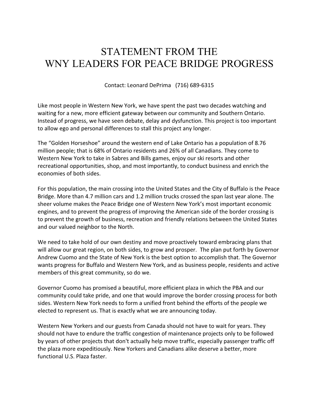 Wny Leaders for Peace Bridge Progress
