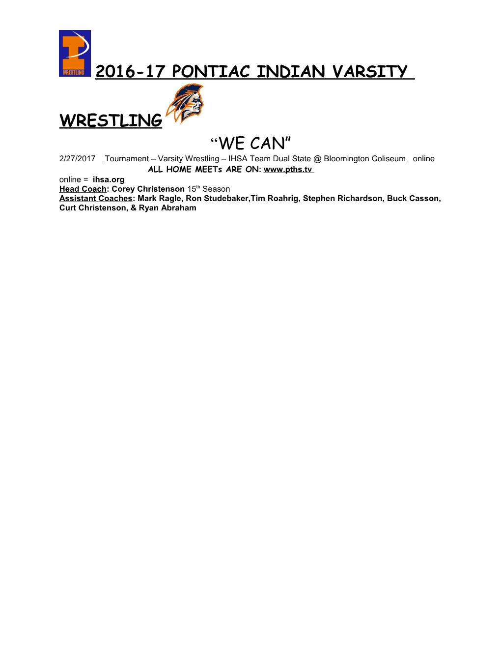 2016-17 Pontiac Indian Varsity Wrestling