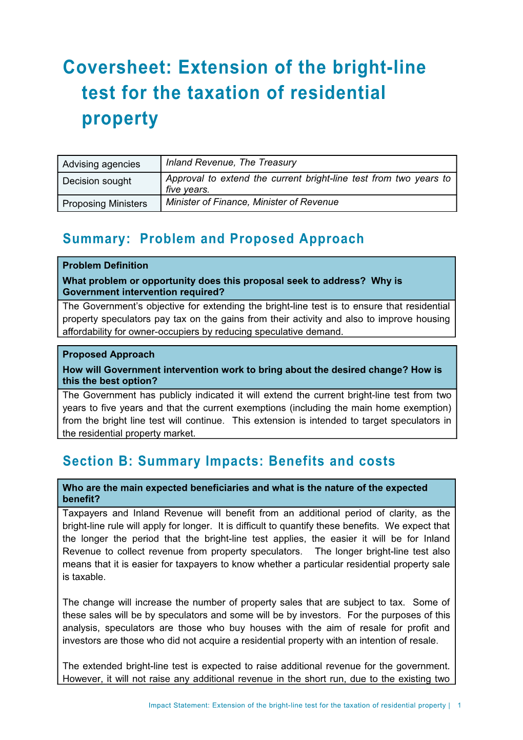 Regulatory Impact Assessment - Extension of the Bright-Line Test for the Taxation of Residential