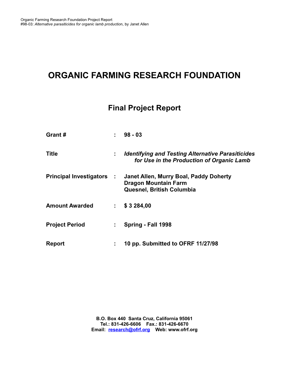 Alternative Parasiticides for Organic Lamb Production