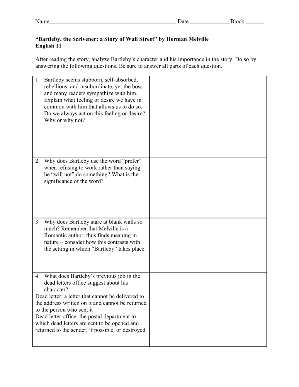 Analyze Bartleby S Character and His Importance in the Story Bartleby, the Scrivener: A