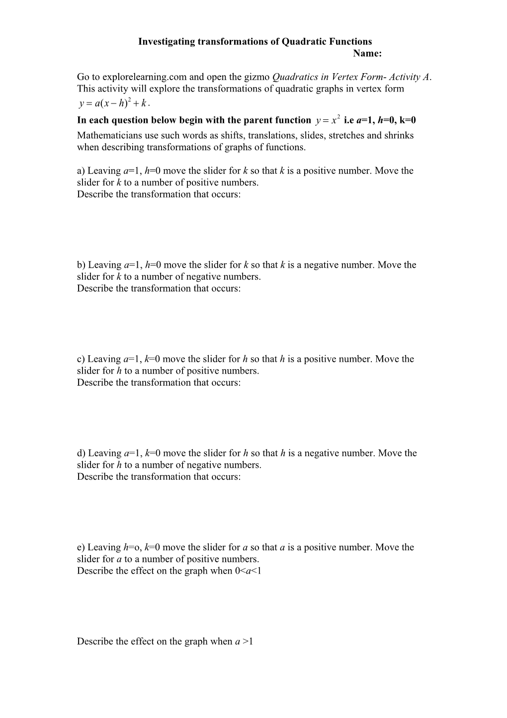 Year 10 Quadratic Functions