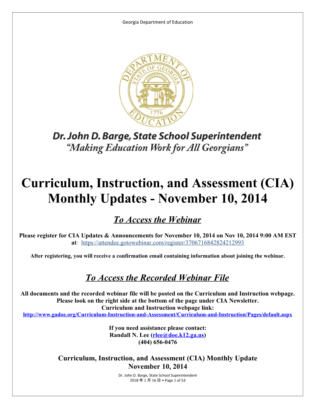 Curriculum, Instruction, and Assessment (CIA) Monthly Updates - November 10, 2014
