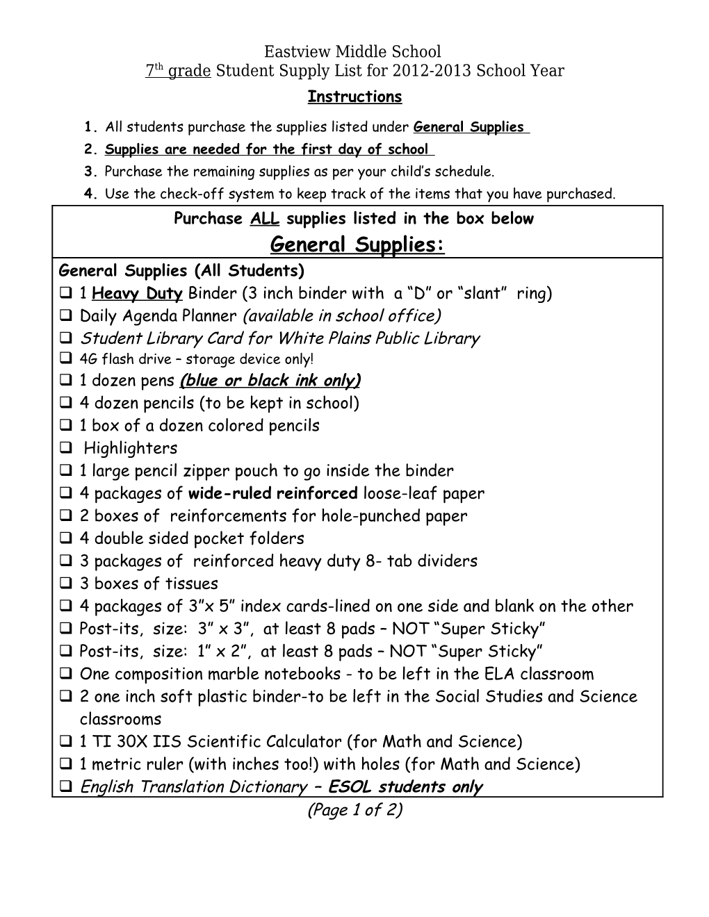 7Th Grade Student Supply List for 2012-2013 School Year