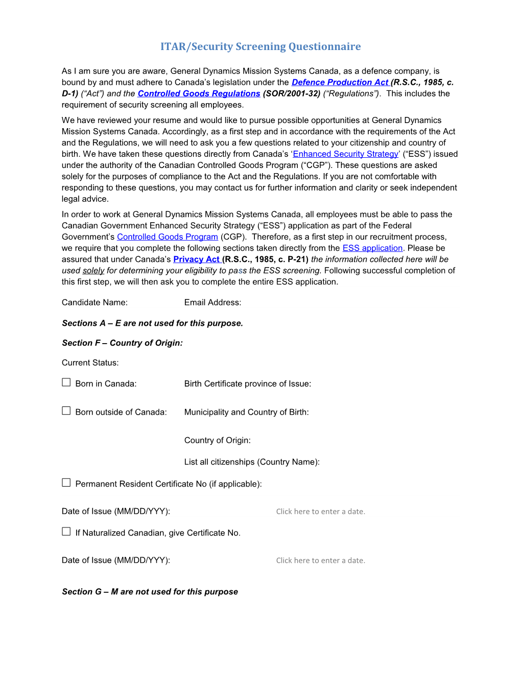 ITAR/Security Screening Questionnaire