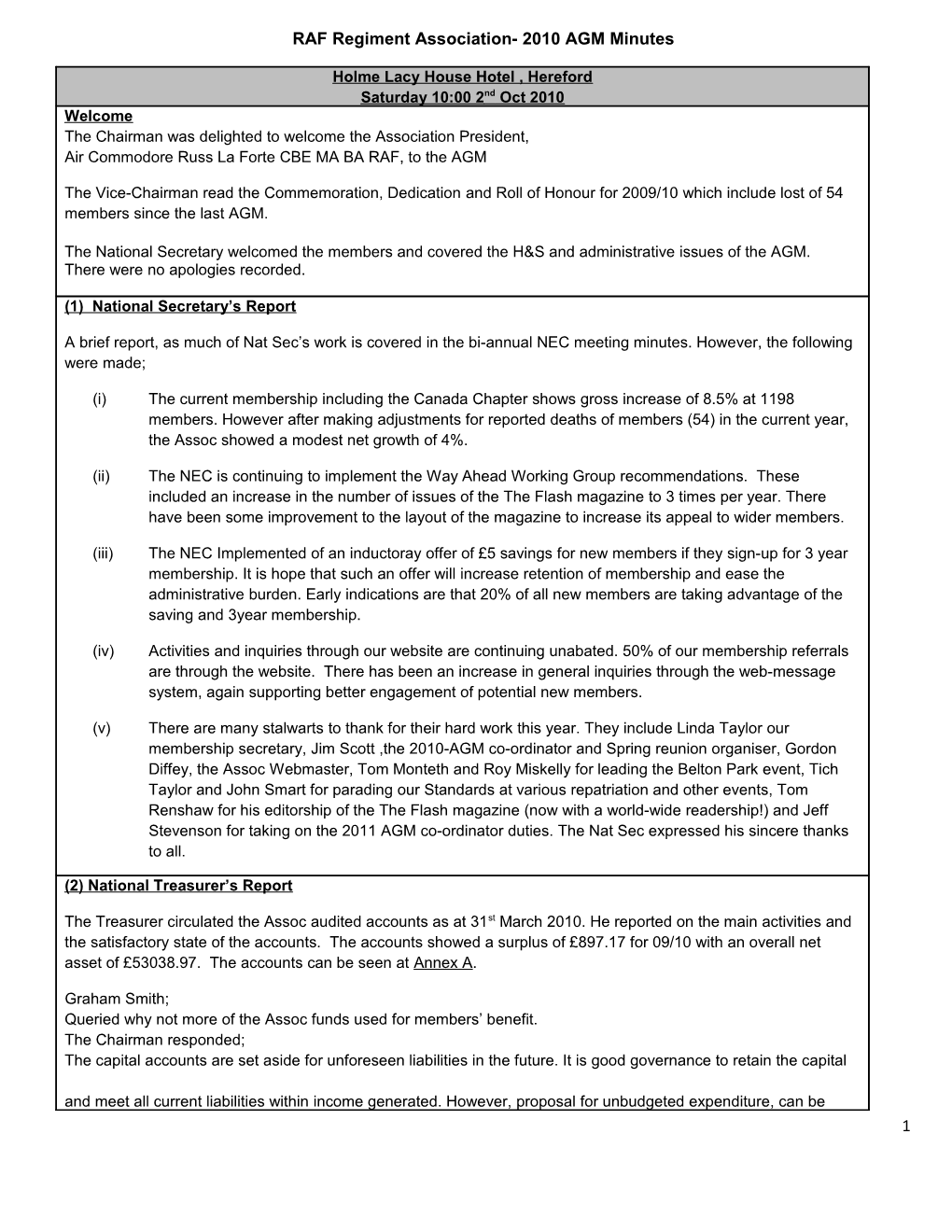 RAF Regiment Association- 2010 AGM Minutes