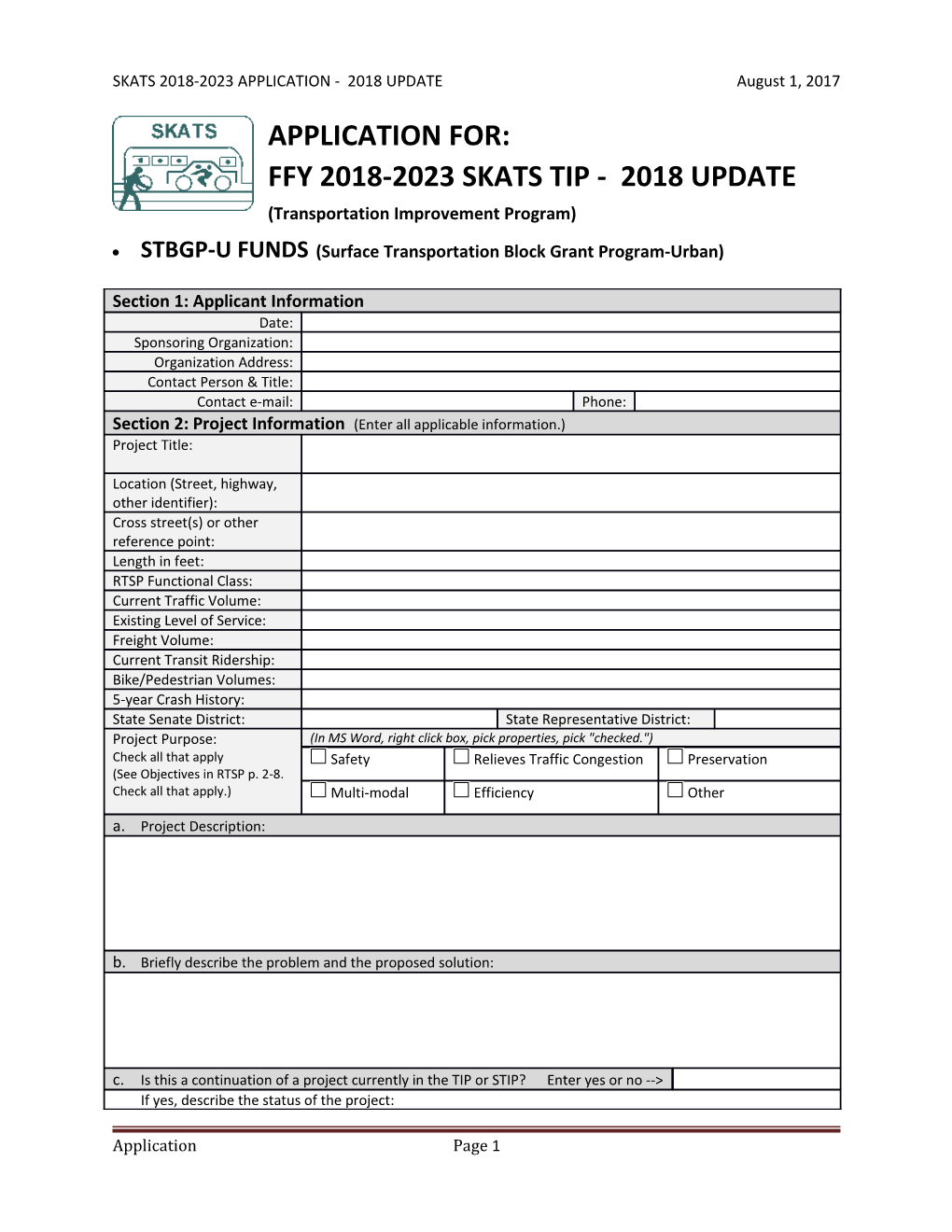 SKATS 2018-2023 APPLICATION - 2018 UPDATE August 1, 2017