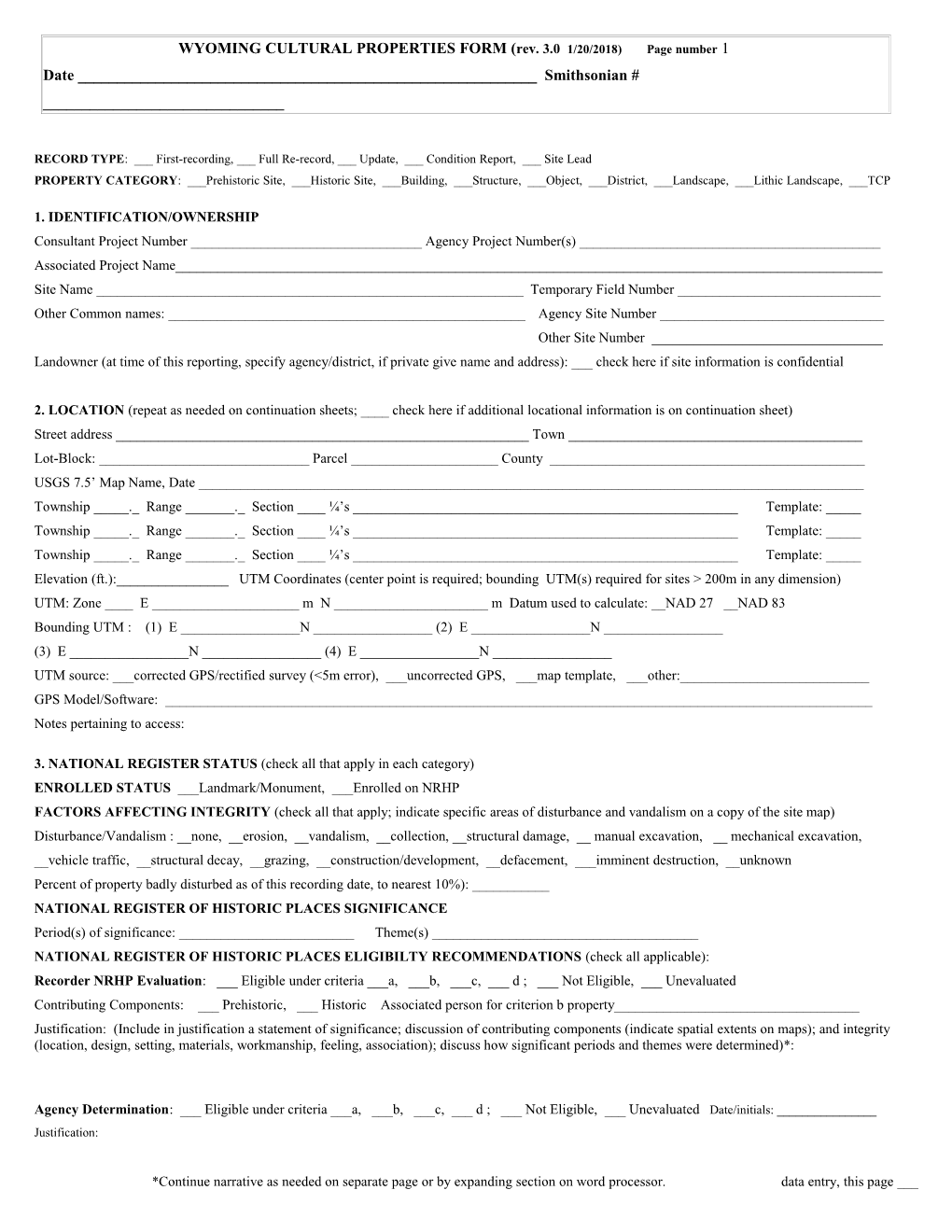 WYOMING ARCHAEOLOGICAL PROPERTIES FORM (ISOLATE/SHORT/STANDARD COVER) Rev