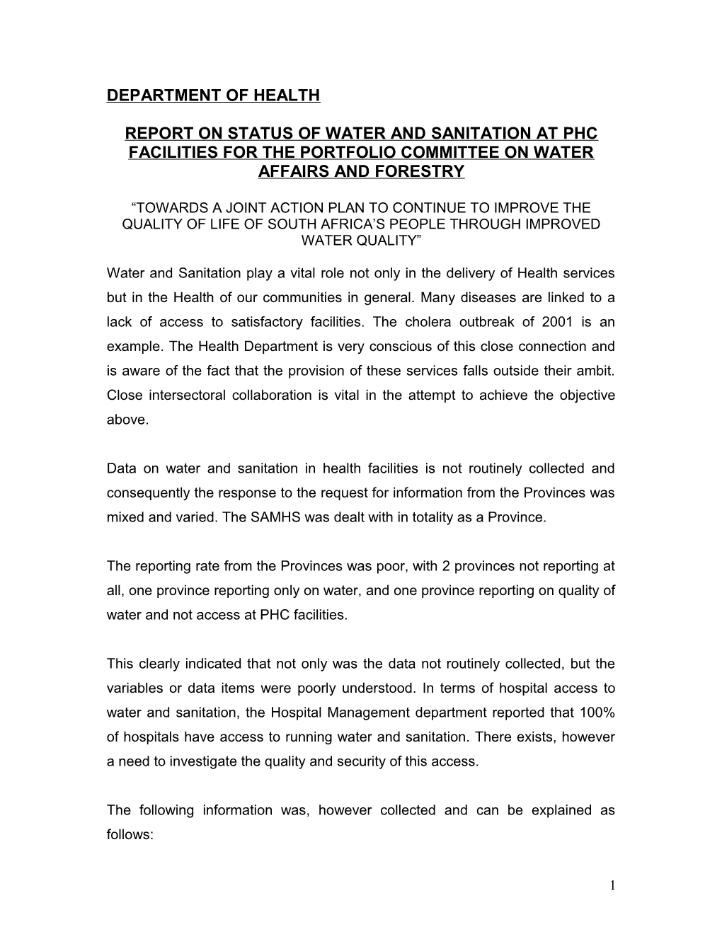 Report on Status of Water and Sanitation at Phc Facilities for the Portfolio Committee