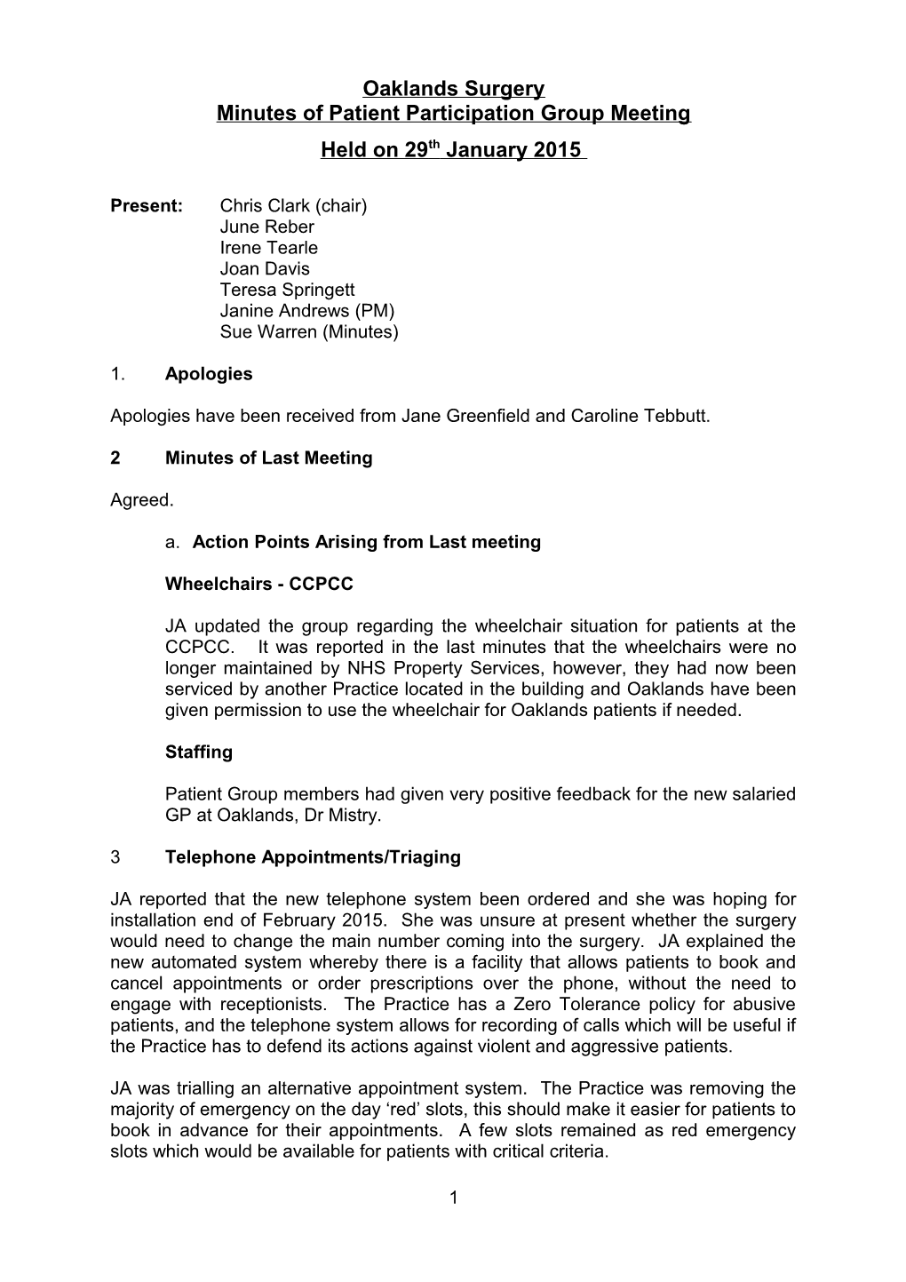 Minutes of Patient Participation Group Meeting