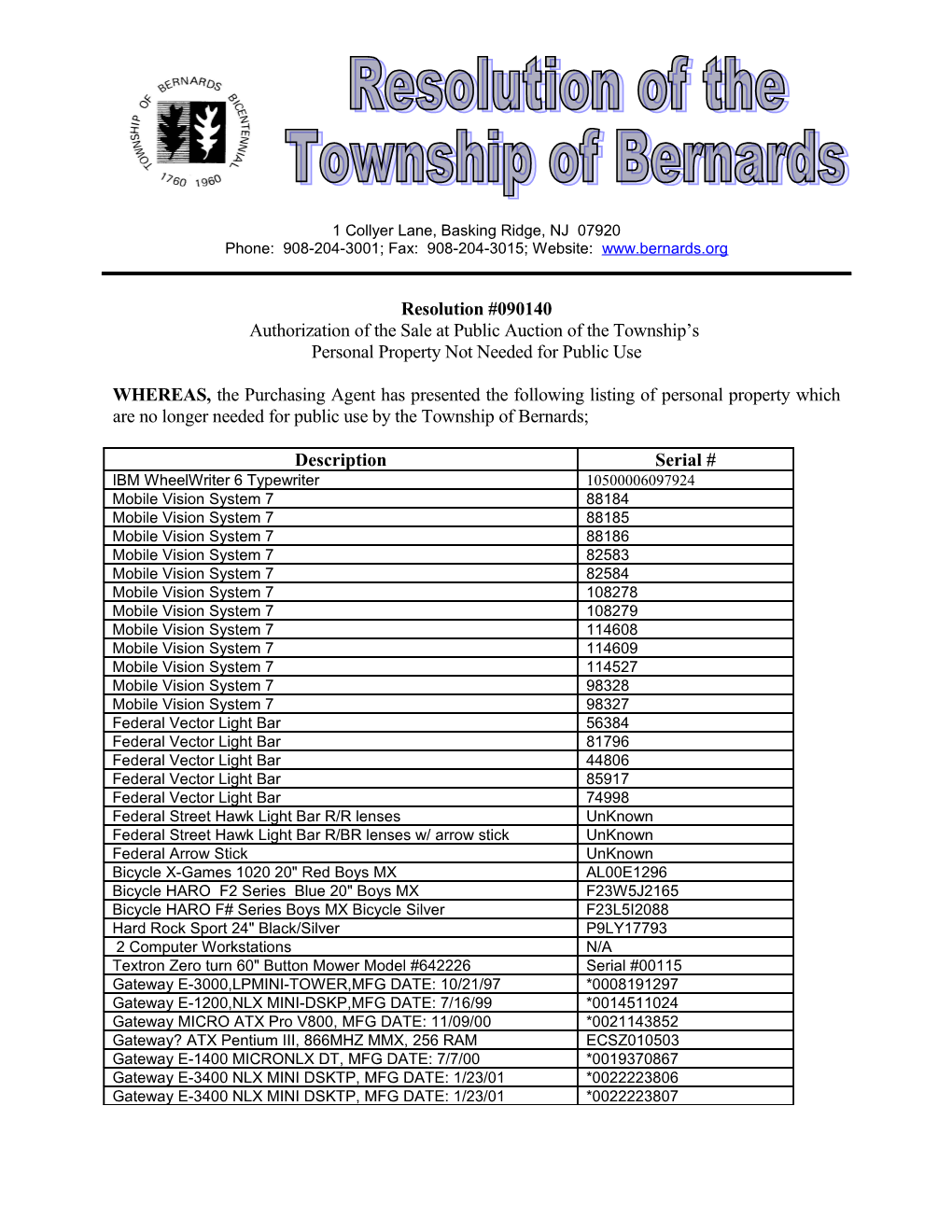 Authorization of the Sale at Public Auction of the Township S s1