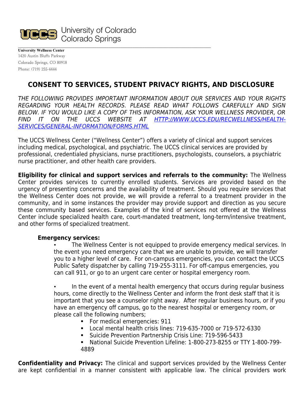 Consent to Services,Student Privacy Rights, and Disclosure