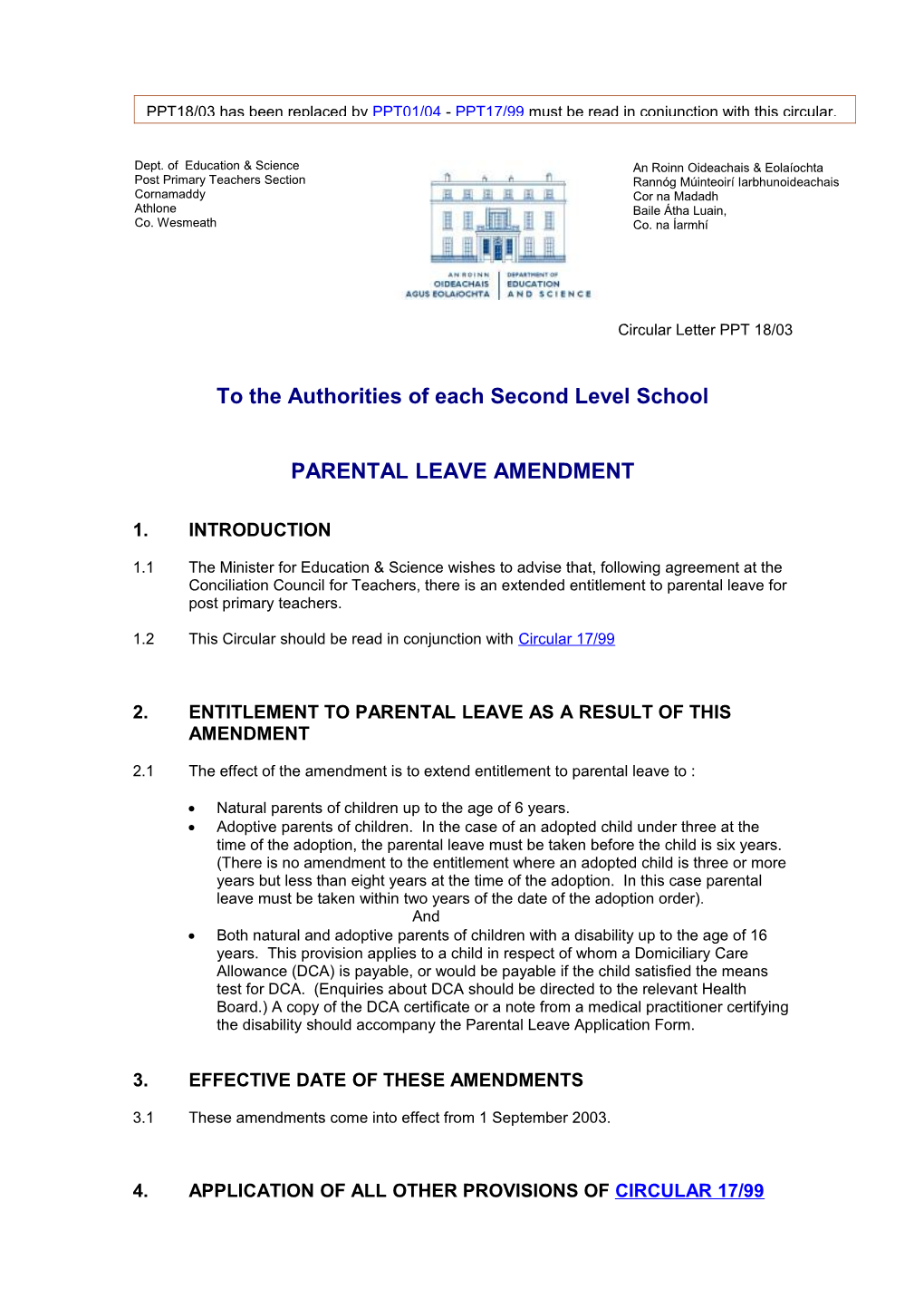 Circular PPT18/03 - Parental Leave Amendment