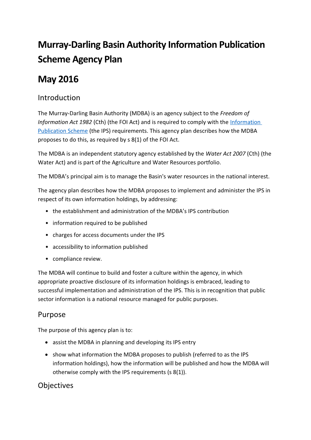 MDBA Information Publication Scheme Agency Plan - May 2016
