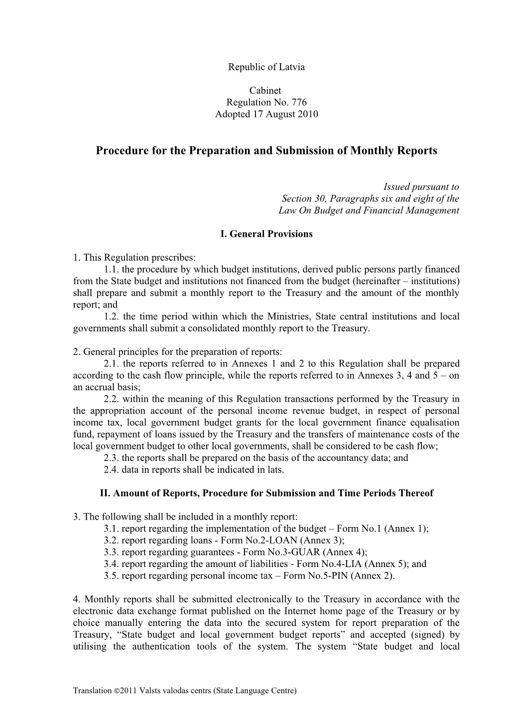 Procedure for the Preparation and Submission of Monthly Reports