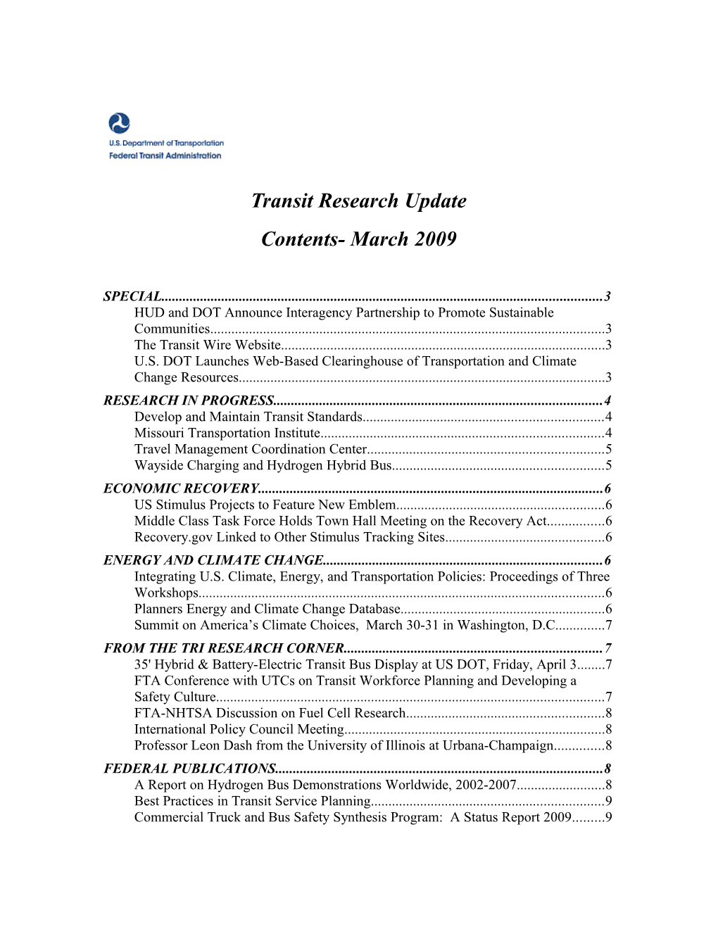 Transit Research Update, March 2009