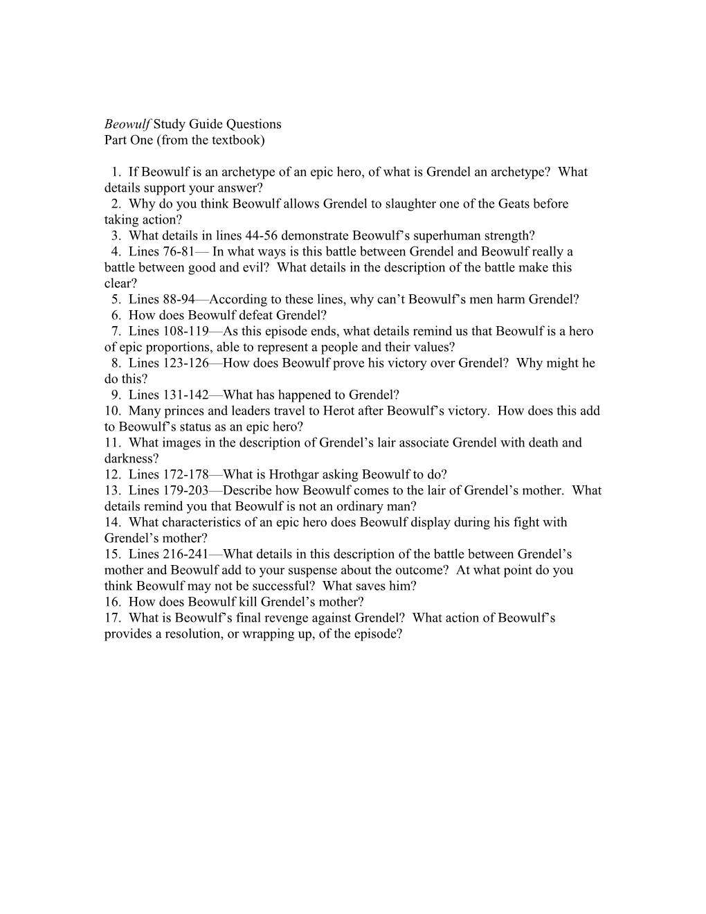Beowulf Study Guide Questions