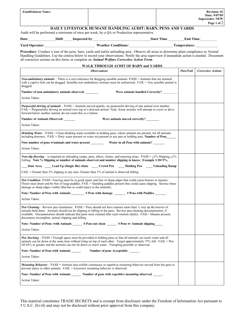 Daily Livestock Humane Handling Audit: Barn, Pens and Yards