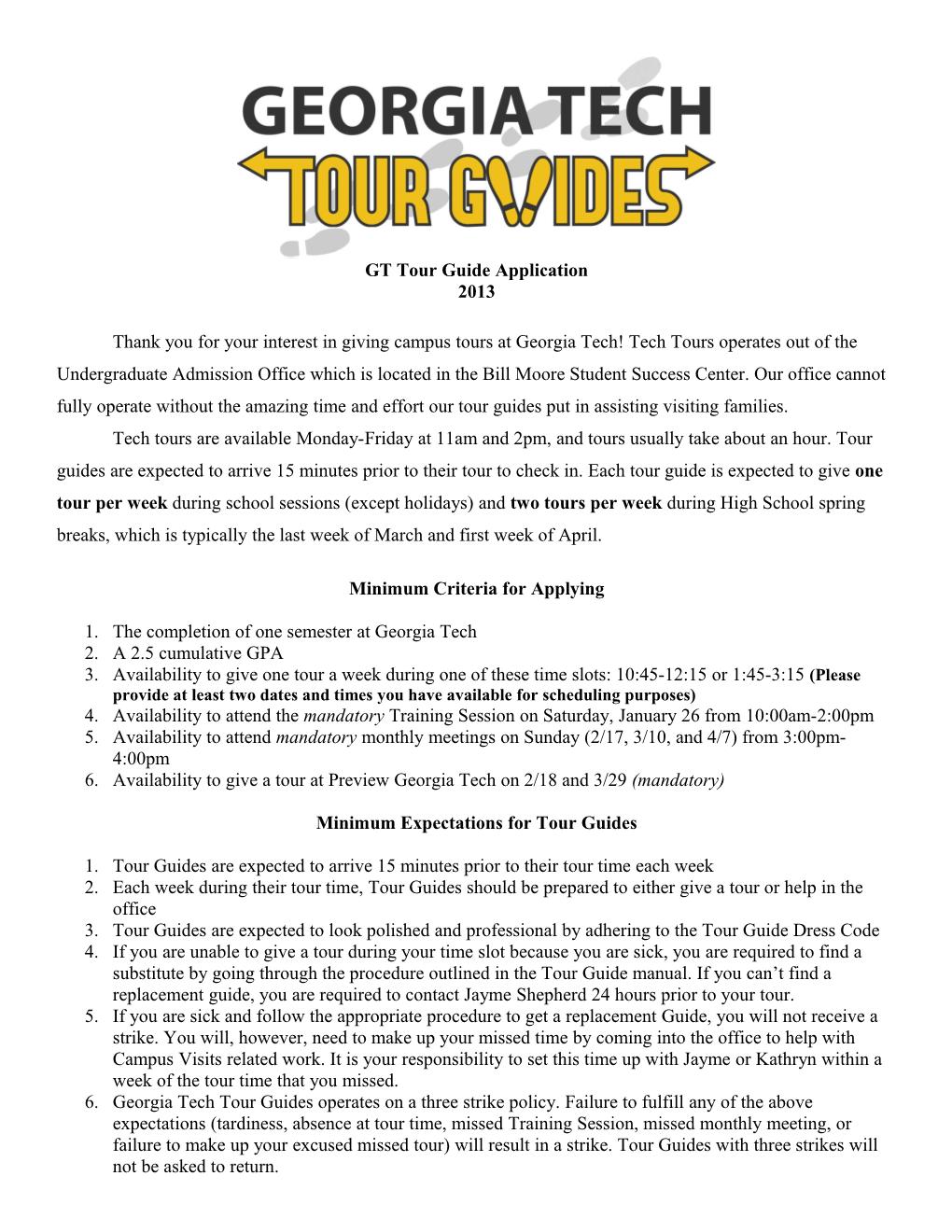 Summer And Fall 2003 Georgia Tech Tour Guide Application