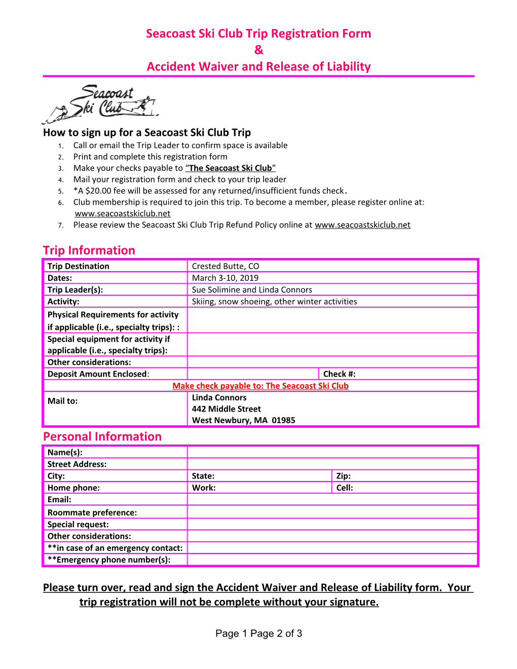 Seacoast Ski Club Trip Registration Form