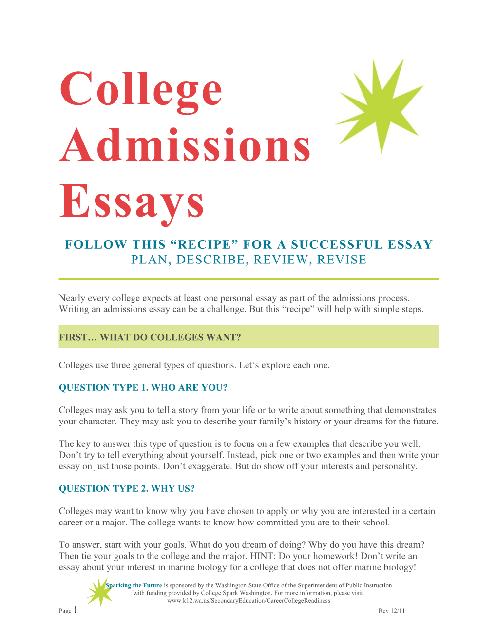 Sparking The Future Grades 11-12 Lesson 7 Admissions Essay