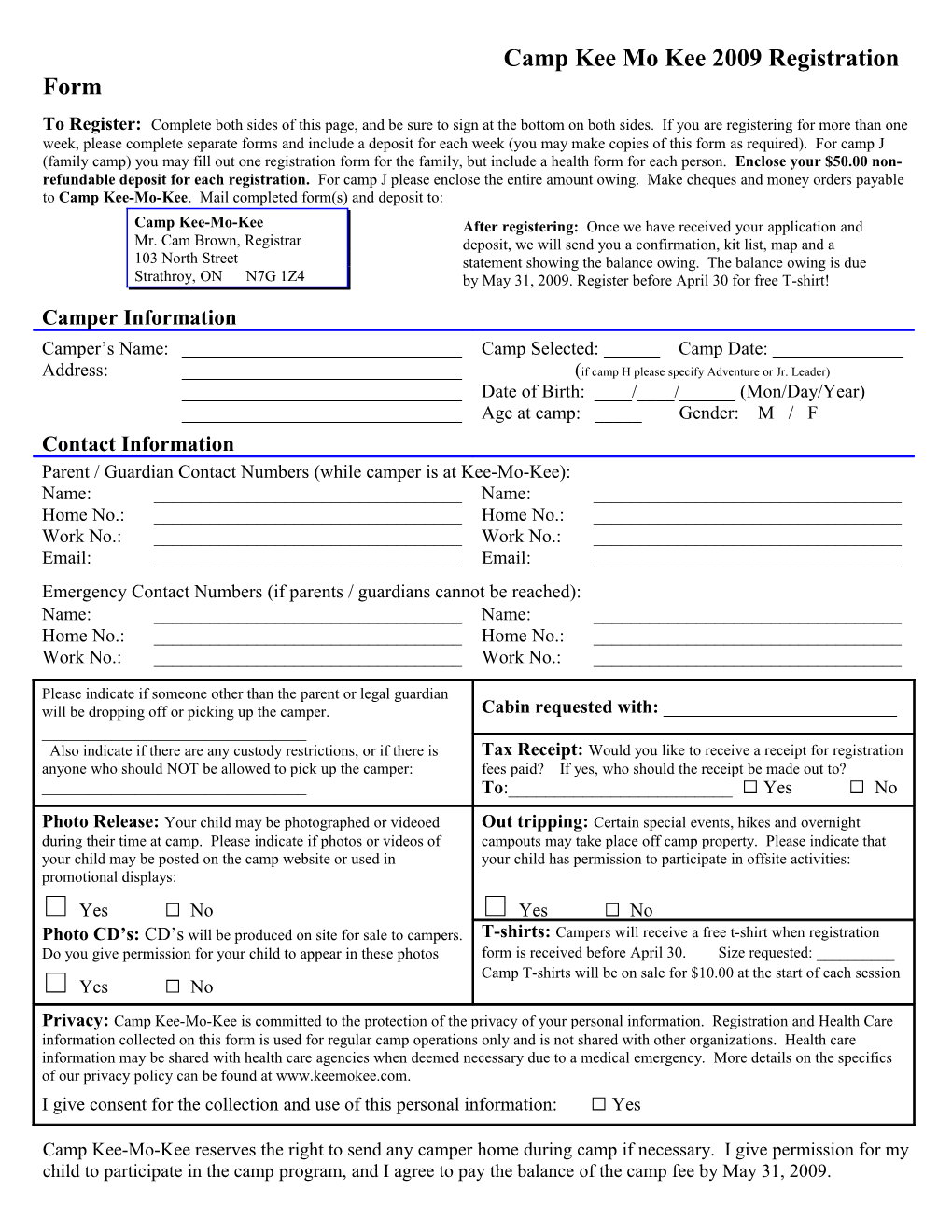 Camp Kee Mo Kee 2009 Registration Form