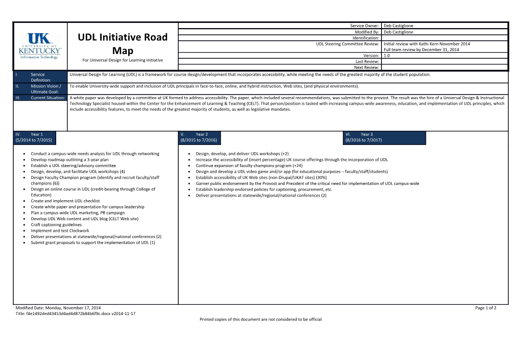 Title: CELT UDL Initiative Roadmap-Dc-R3 V2014-11-17